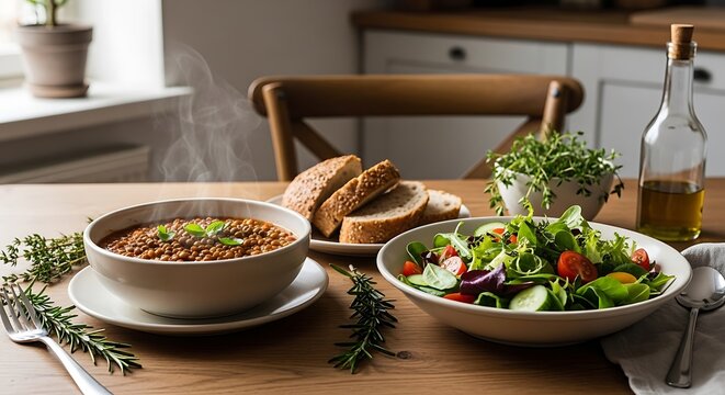 Bowl of lentil soup with fresh green salad and sliced bread on a wooden dining table in a kitchen. plant-based meal setup