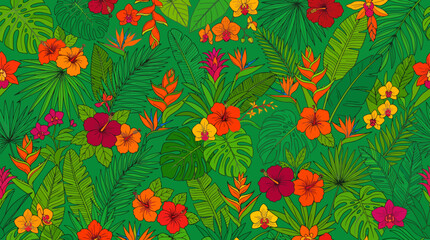 Vibrant tropical floral pattern with colorful blooms. © Abhinaya Project