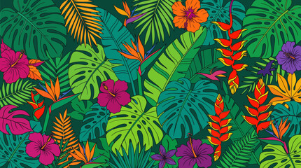 Vibrant tropical jungle foliage illustration. © Abhinaya Project