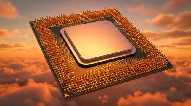 Computer CPU Microchip Floating in the Sky Above Clouds at Sunset Concept