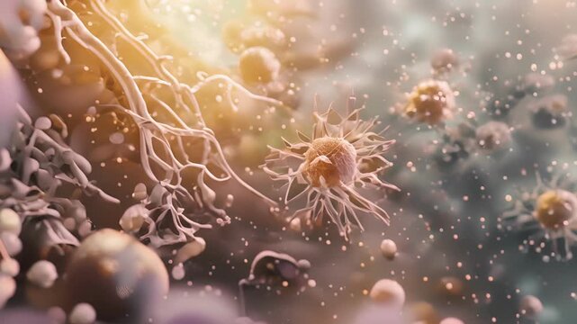 Closeup of dendritic cells coated in antibodies aiding in the detection and destruction of foreign invaders.
