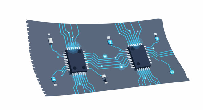 Flexible Electronic Circuit Board with Glowing Microchips and Data Pathways for Smart Textile Innovation