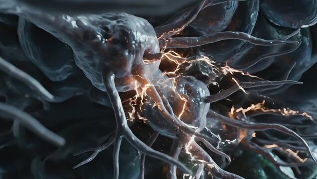 Stressed brain environment affected by sleep deprivation, slow unstable neural pulses flickering through exhausted synapses