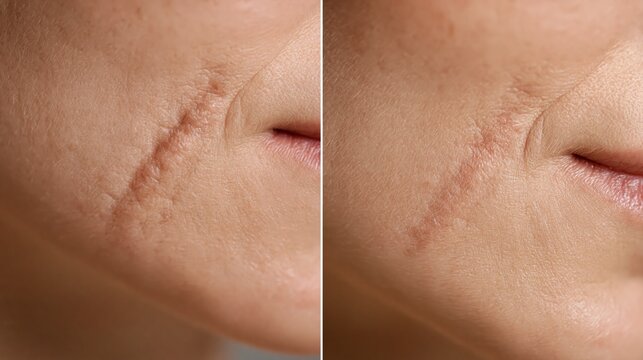 A scar removal before and after split showing a raised discolored scar on the left and smoothed faded skin on the right.