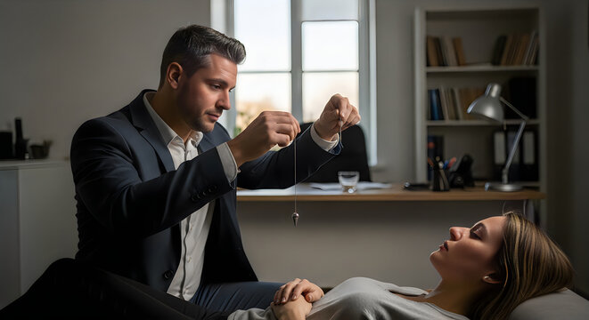 Professional hypnotist using pendulum during therapy session with patient