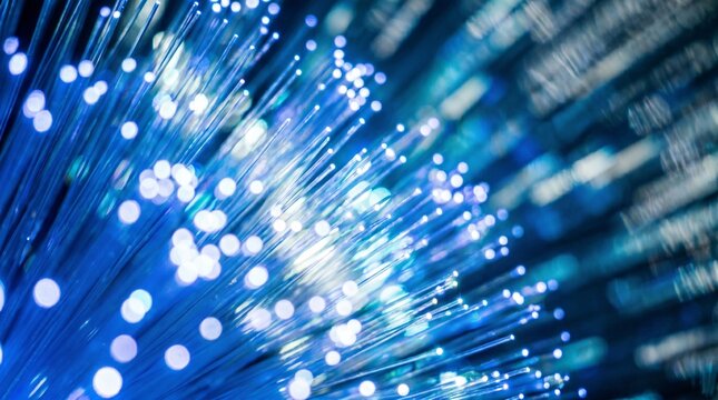 Close Up of Glowing Fiber Optic Cables with Digital Binary Code Bokeh Background