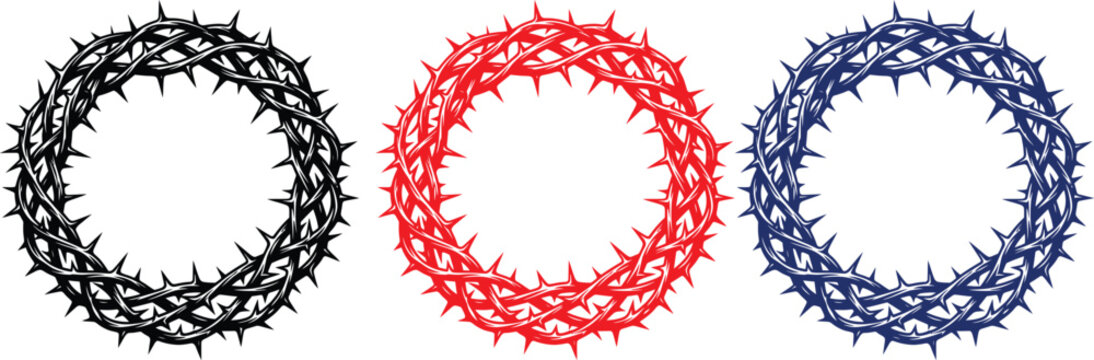 Crown of thorns vector illustration set in black red and blue colors isolated on white background