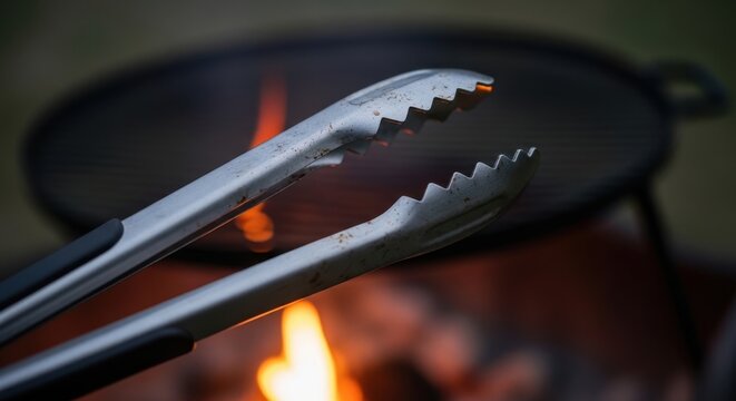 Metal Tongs Gripping Food Over Fire in Outdoor Cooking Setup