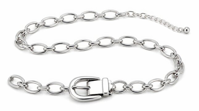 A high key product shot of a polished metallic silver chain link belt featuring an elegant buckle design, captured in a widescreen cinematic perspective for modern fashion advertisement projects.
