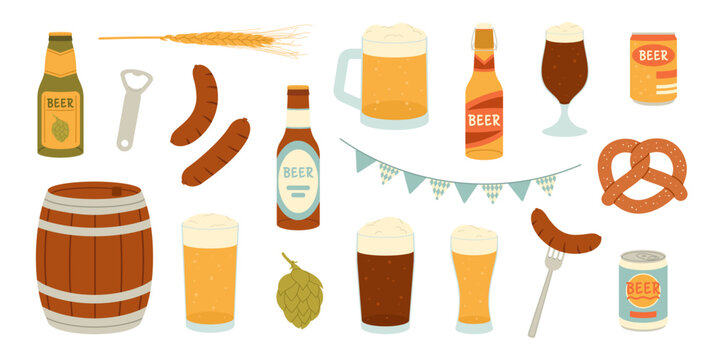 Oktoberfest beer festival elements set flat vector illustration. Collection of beer bottles and glasses, cans, sausages and pretzel, hops isolated on white background
