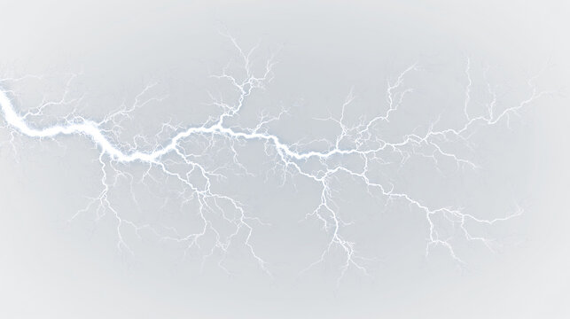 Blue and white lightning bolt flashing in the sky during a storm at night providing bright illumination, light overlay, PNG