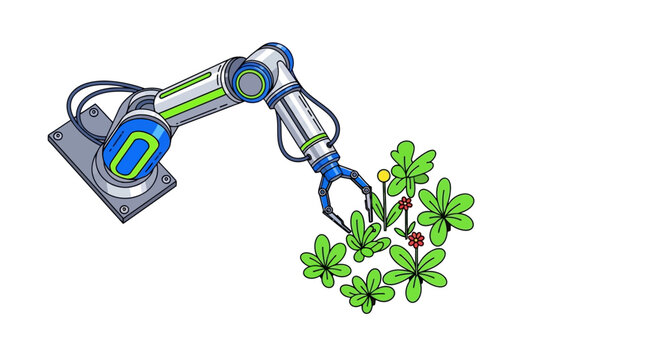 Robotic arm picking green plants.