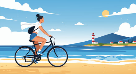 Fototapeta premium Young woman enjoying a vibrant summer day with a bicycle ride along the beautiful coastal beach landscape, a captivating vector illustration