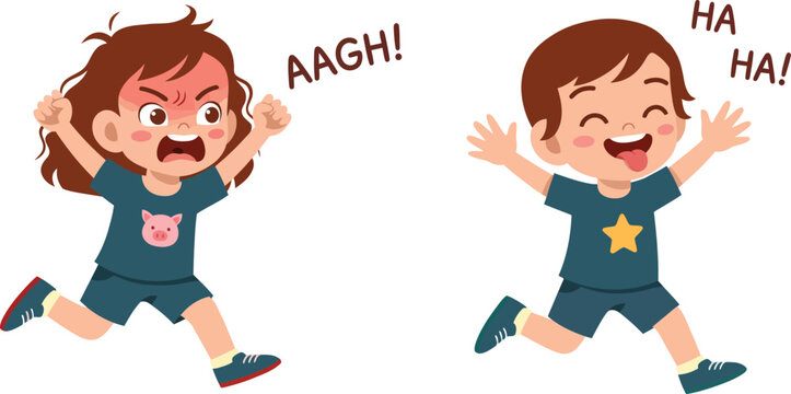 Furious cartoon girl shouting in anger while chasing a laughing boy mocking her isolated on white background