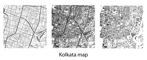 Kolkata city map vector illustration set with street roads network, urban planning infrastructure layout, and building footprint silhouette graphic elements © JK
