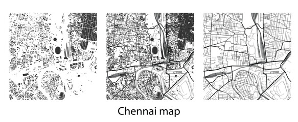 Fototapeta premium Chennai city map vector illustration featuring urban roads network, street grids, building footprints, and monochrome geographical infrastructure plan.
