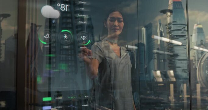 Asian Woman Stands by Holographic Smart Window Displaying Weather, Health Stats, and Stock Data, Overlooking Futuristic City With Skyscrapers and Advanced Architecture.
