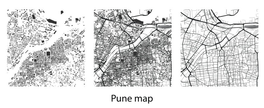 Pune city map vector illustration set with street roads network, urban planning infrastructure layout, and building footprint silhouette elements