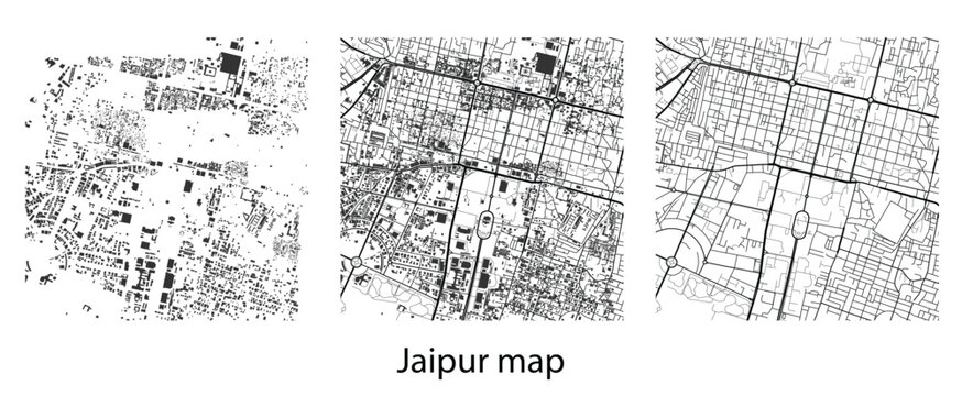 Jaipur city map vector illustration set with street roads network, urban planning infrastructure layout, and building footprint silhouette elements