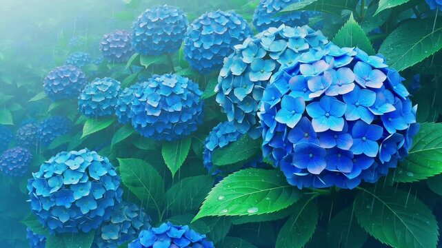 Beautiful hydrangea in rainy atmosphere with soft light and dreamy style cinematic detailed petals in blue tones 4k video