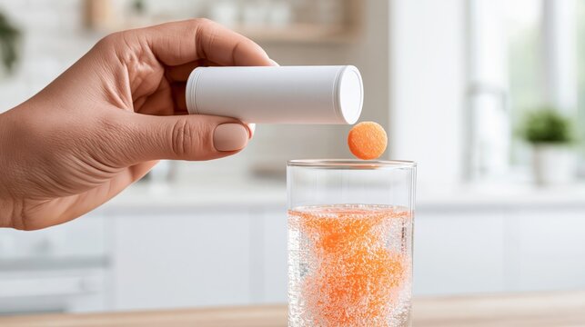 A person tipping an effervescent vitamin tablet from a plain white blank cylindrical tube into a fizzing orange water glass with the blank front facing the camera.