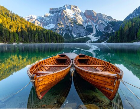 Two wooden boats floating on calm mountain lake water with snow-covered peaks reflecting in the background. Scenic landscape of Lago di Braies.