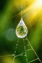 Fototapeta premium Macro shot of a dewdrop on a spider web reflecting sunlight