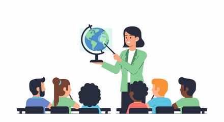 Female Teacher Giving Geography Lesson with Globe to Diverse Students in Classroom Vector Illustration © Sabila