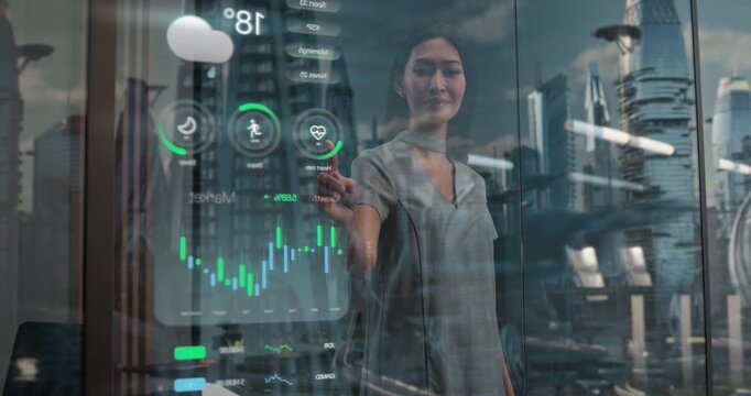 Asian Woman Interacts With Futuristic Holographic Window Displaying Health Data, Weather, and Stock Charts While Overlooking a High Tech Utopian City With Skyscrapers and Flying Cars.