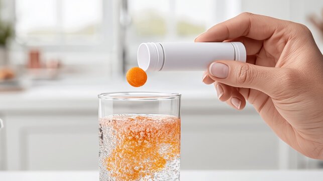 A person tipping an effervescent vitamin tablet from a plain white blank cylindrical tube into a fizzing orange water glass with the blank front facing the camera.