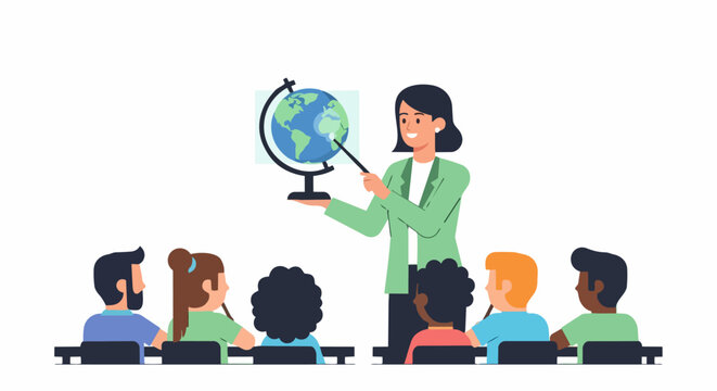 Female Teacher Giving Geography Lesson with Globe to Diverse Students in Classroom Vector Illustration