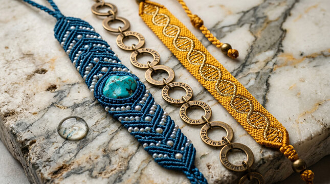 Three handcrafted bracelets featuring a blue macrame design with turquoise, a metal ring chain with multilingual inscriptions, and a yellow dna pattern