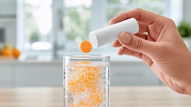 A person tipping an effervescent vitamin tablet from a plain white blank cylindrical tube into a fizzing orange water glass with the blank front facing the camera.