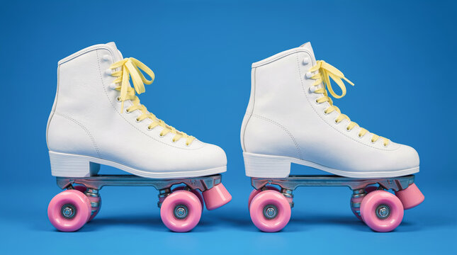 Pair of White Quad Roller Skates with Pink Wheels on Blue Background