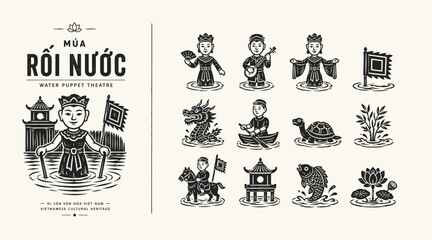 Obraz premium Vector Set of Traditional Vietnamese Water Puppet Theatre Icons and Characters in Woodcut Style