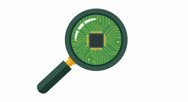 Magnifying Glass Over Microchip on Green Circuit Board, Technology Inspection and Hardware Analysis Illustration