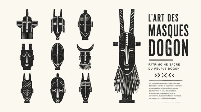 Traditional African Dogon masks illustration set with tribal ethnic art and ritual heritage text