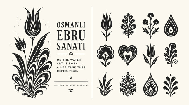 Collection of Ottoman Marbling Art Floral Motifs with Black Tulips and Decorative Silhouettes
