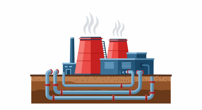 Industrial Power Plant and District Heating Facility with Underground Pipe System Vector Illustration