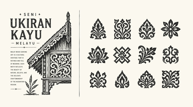 Traditional Malay Wood Carving Motifs Set with Vintage House Roof Illustration