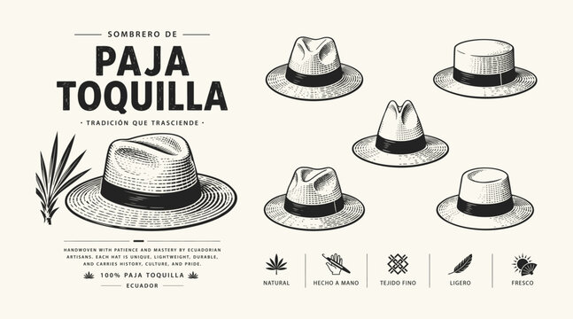 Vintage illustration of Panama hats collection with Ecuadorian paja toquilla weaving icons and text