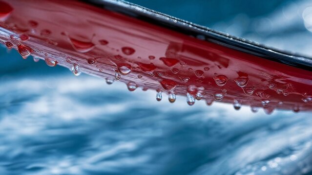 waterski. Close-up of a red waterski underside with water droplets on a blurred blue background. mobility guides, transit brochures, designed for transport & logistics marketing.