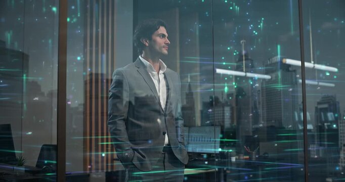 Businessman Stands Inside Office Observing Futuristic Night City Through Glass Window With Interconnected Digital Data Lines, Visualizing Internet Connectivity, Digitalization and Information Flow.