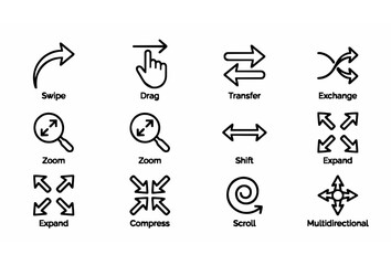 Fototapeta premium Modern Outline Arrow Icon Collection with Expand Collapse Swipe and Navigation Symbols
