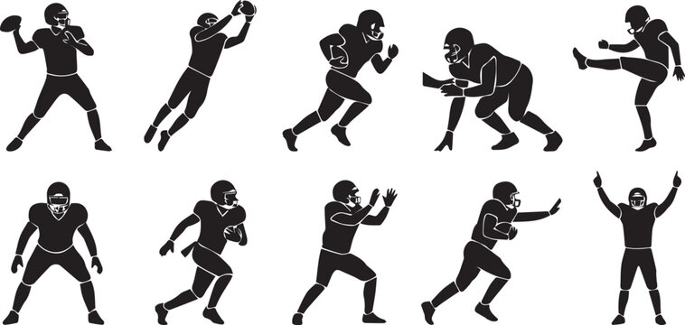 American football players silhouette set various action poses vector illustration