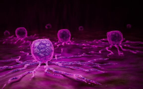 Aggressive Cancer Cells Spreading Across Human Tissue Surface Under Microscopic View 3D Rendering