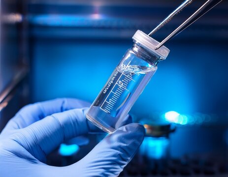 a vial containing a biological sample is carefully removed from a cryogenic storage container with tweezers