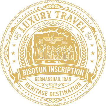 Luxury travel emblem featuring Bisotun Inscription historical site vector illustration