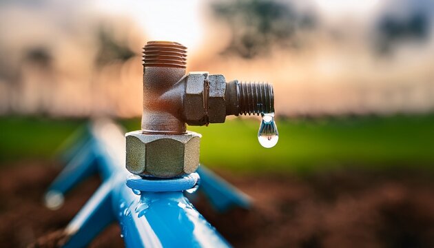 close perspective of water droplet forming on defective farm irrigation connector stressing repair importance