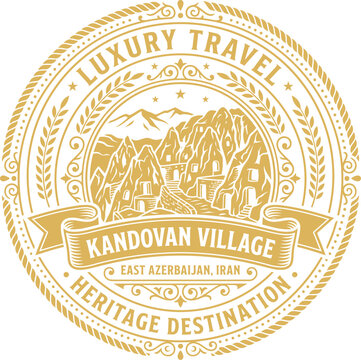 Kandovan Village luxury travel emblem with gold vintage ornamental style